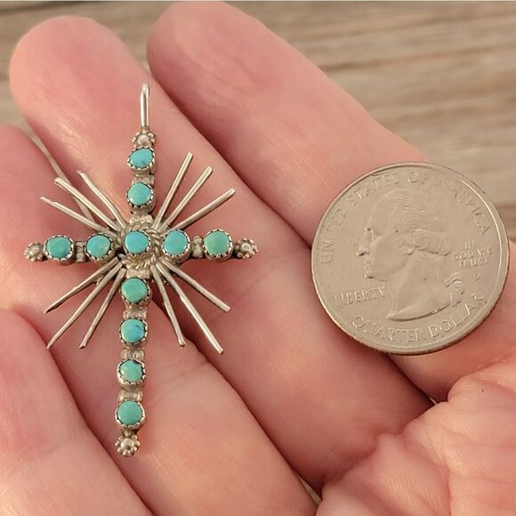 Vintage Sterling Zuni Green Turquoise Light Rays Cross - Picture 5 of 7